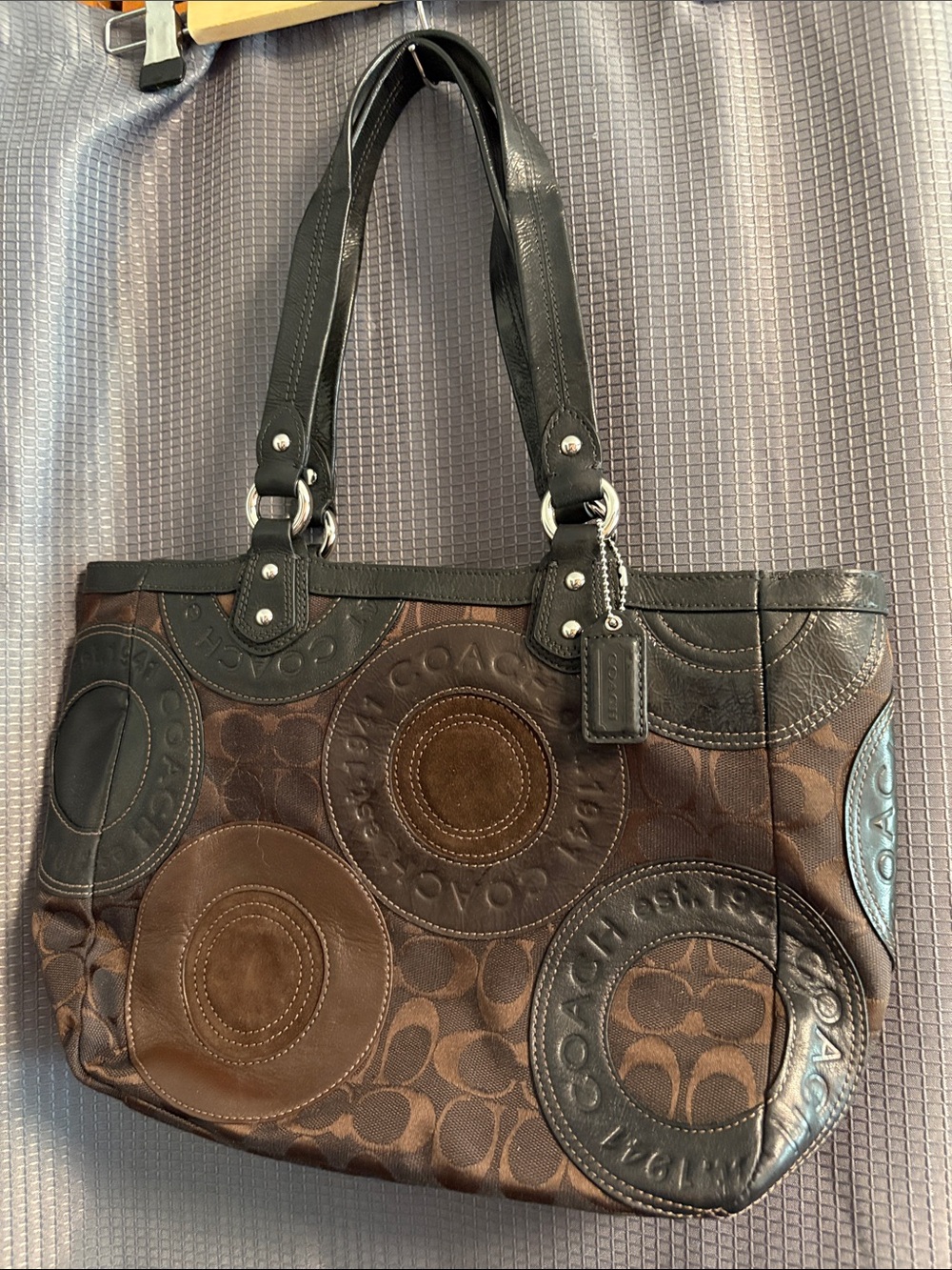 Coach Brown & Black Circular-Embossed Canvas Shoulder Bag